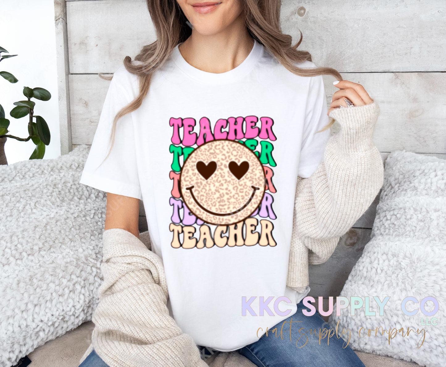 #12-Teacher Leopard Happy Face  DTF T-Shirt Transfer