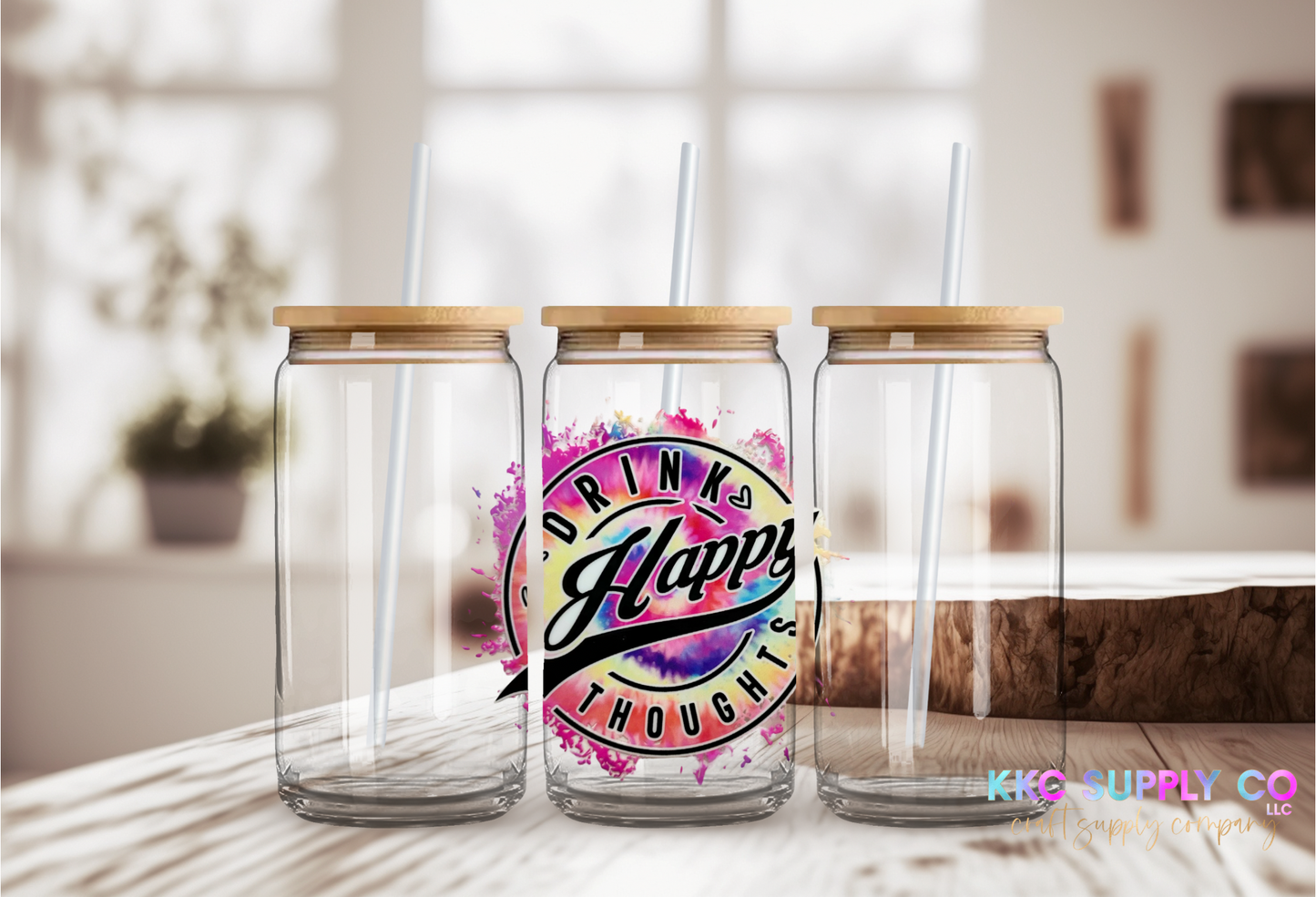 UV16374-Drink Happy Thoughts 16oz UV DTF Decal