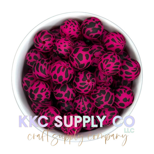 SP27-Neon Berry Cow Print Silicone Bead 15mm