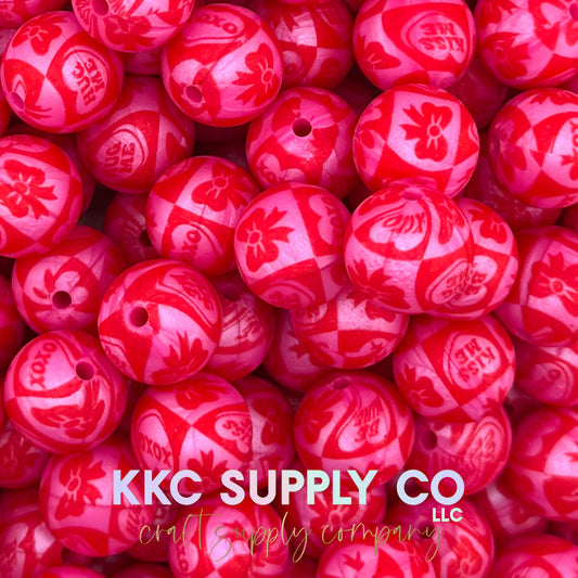 SP278-Red and Pearl Pink XOXO Printed Bead 15mm