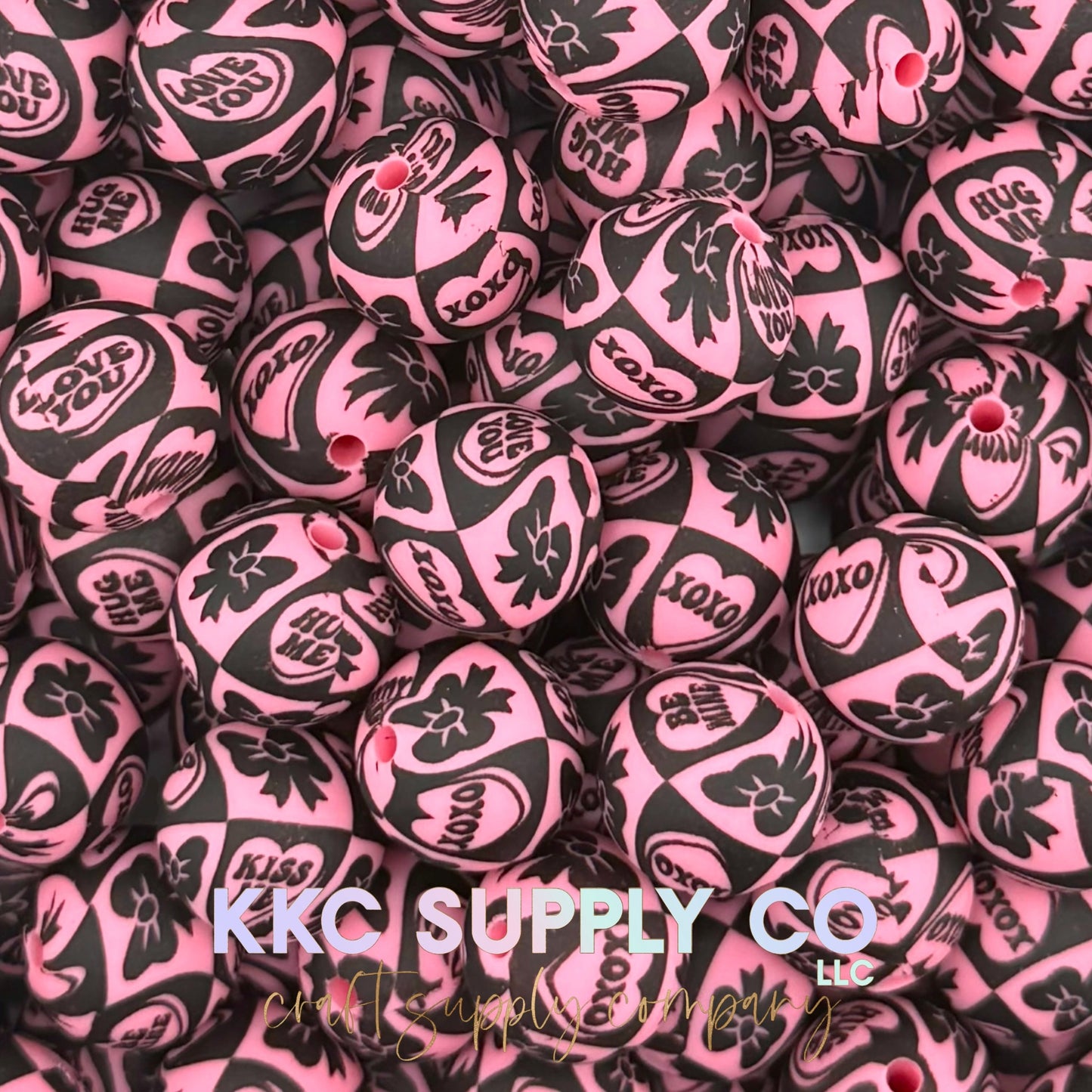 SP276-Pink and Black XOXO Printed Bead 15mm