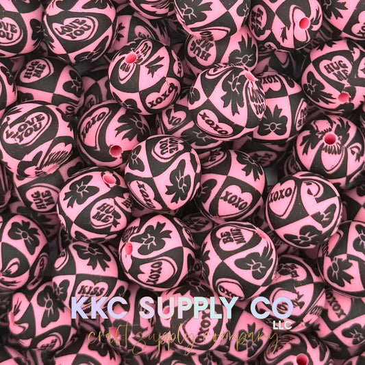 SP276-Pink and Black XOXO Printed Bead 15mm