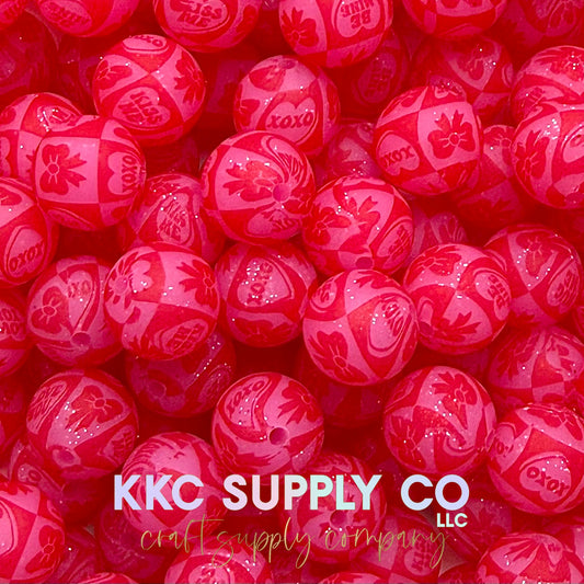 SP279-Red and Pink Glitter XOXO Printed Bead 15mm