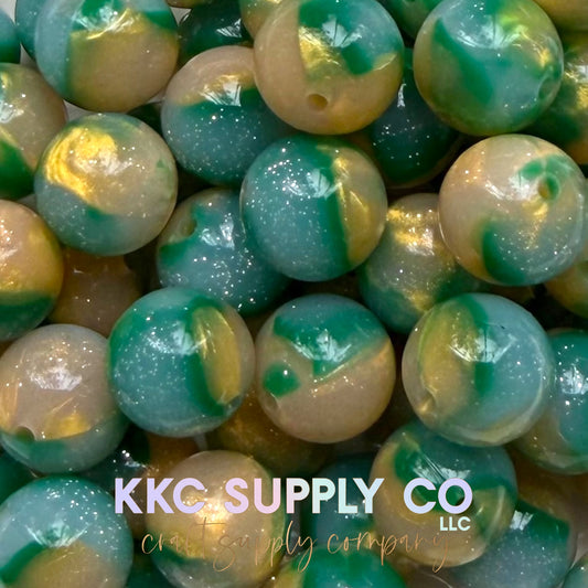 SGL70-Green and Gold Liquid Glitter Bead 15mm