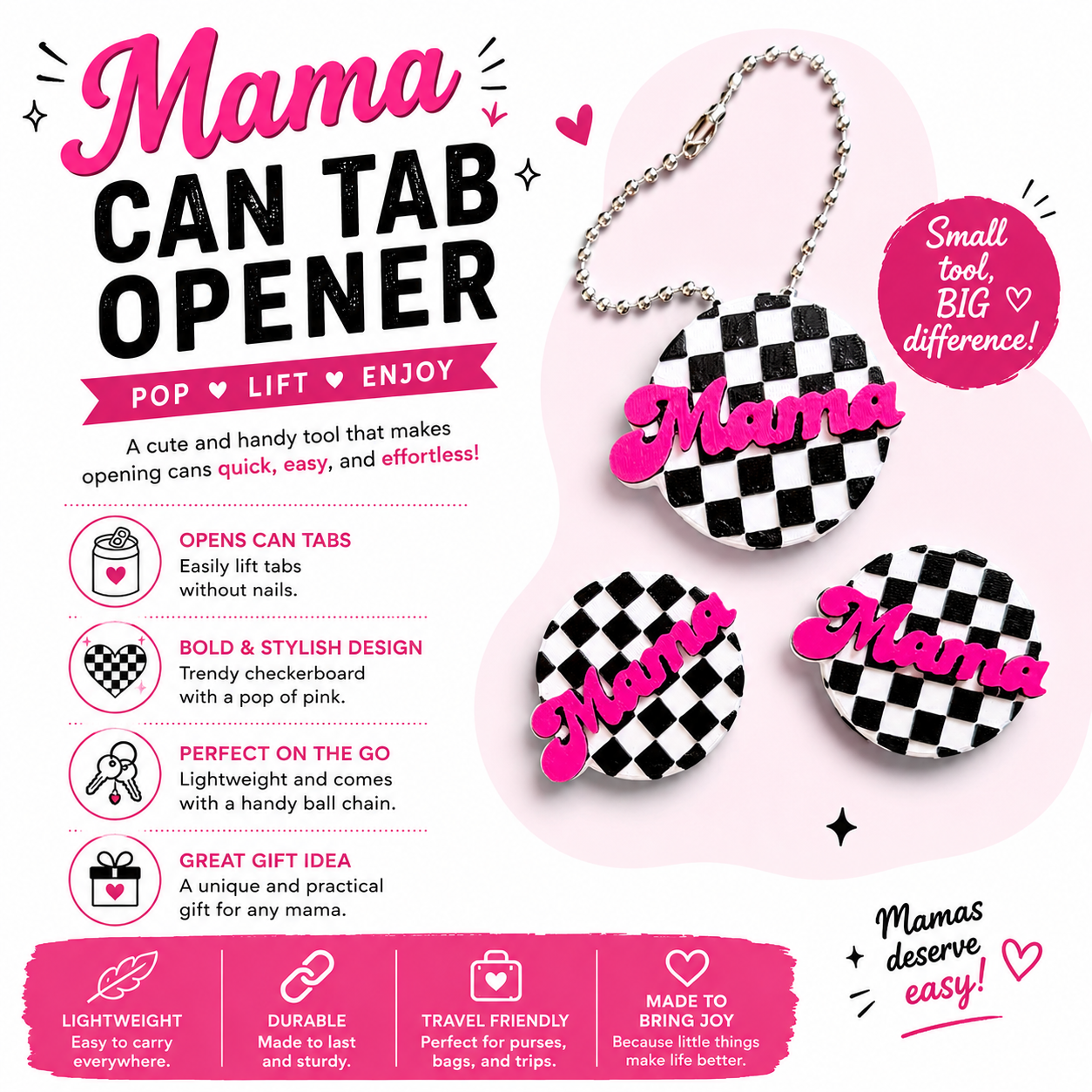 3D Printed Checker Mama Soda Tab Opener Keychain