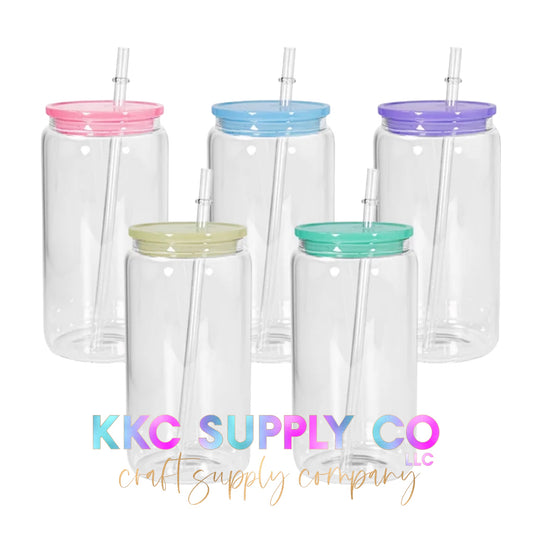 16oz Clear Glass Cup with Plastic Lid  Sublimation Blank