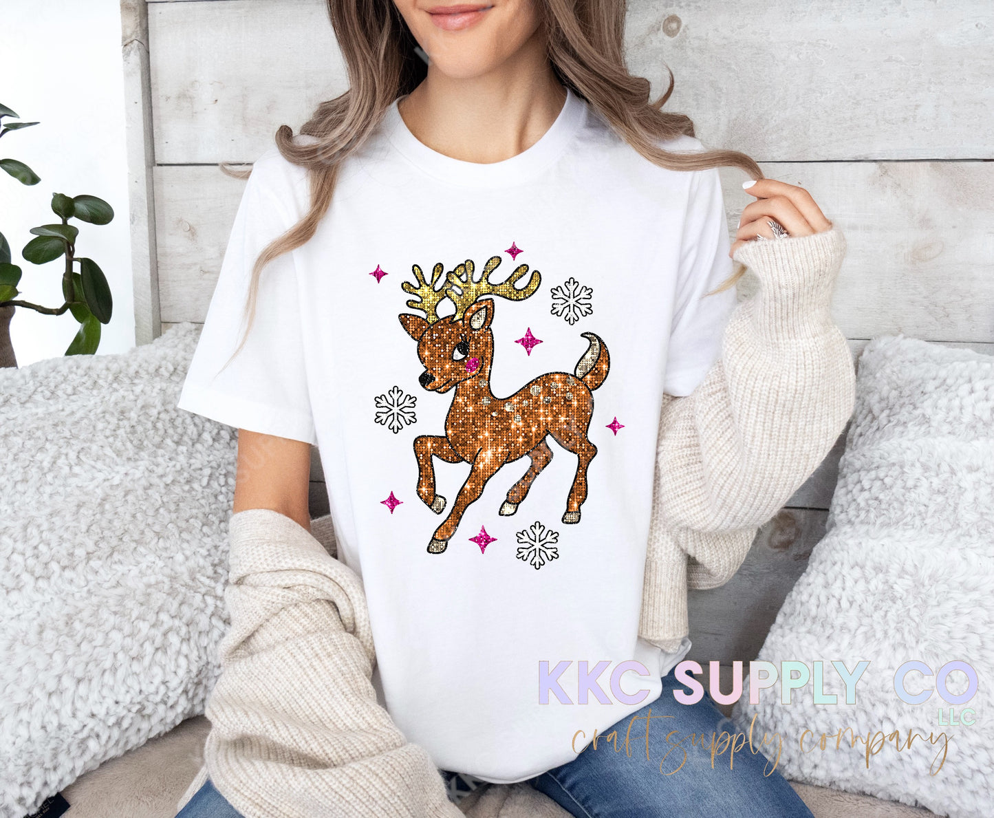 #108-Faux Glitter Reindeer DTF T-Shirt Transfer