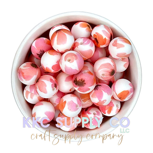 SP184-Pink Peony Printed Silicone Bead 15mm