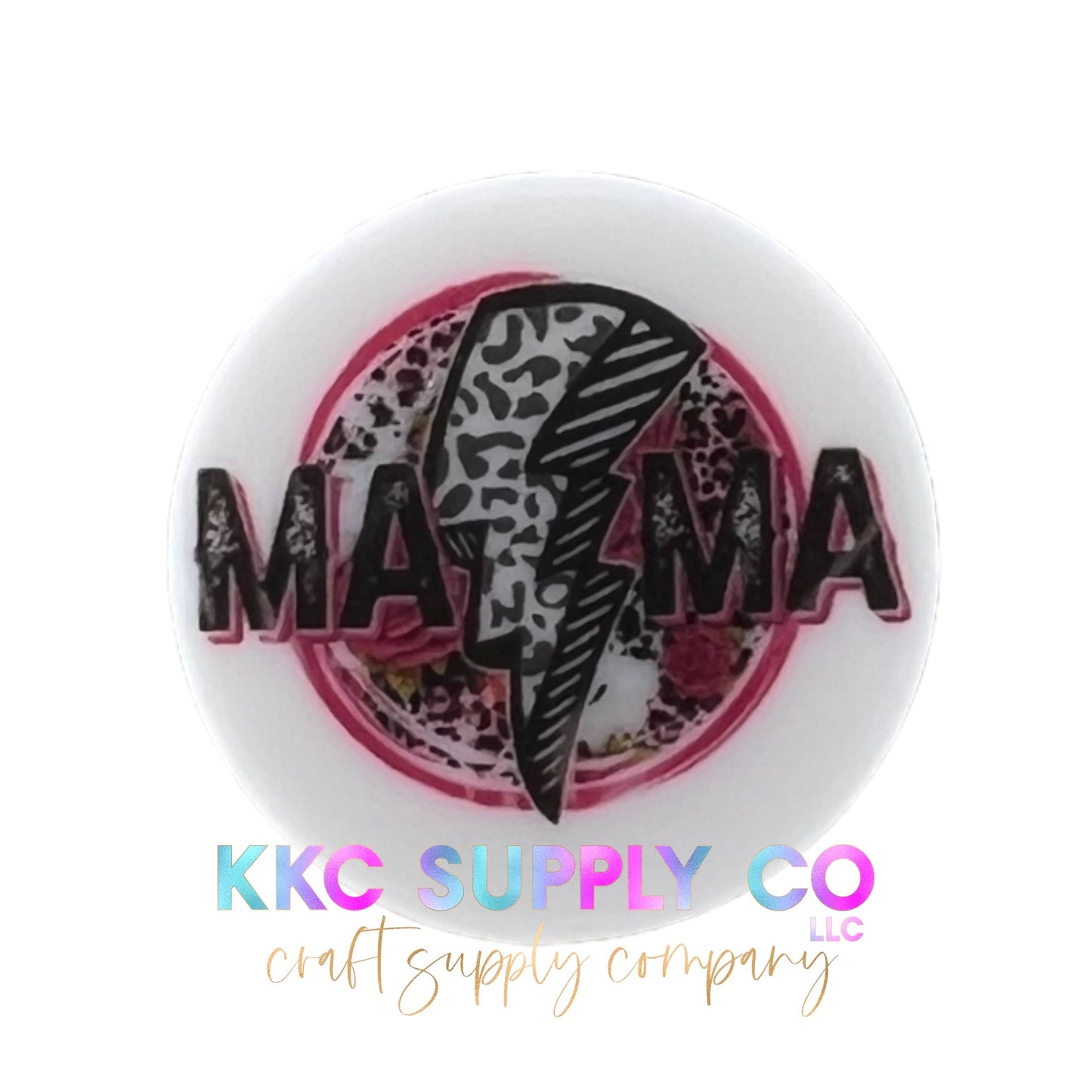 Mama w/Pink Leopard Lightening Bolt Round Silicone Focal Bead