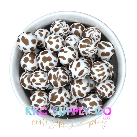 SP31-Brown and White Cow Print 15mm Silicone Bead