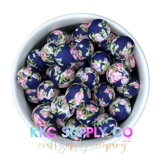 SP43-Navy Blue and Pink Floral 15mm Silicone Beads