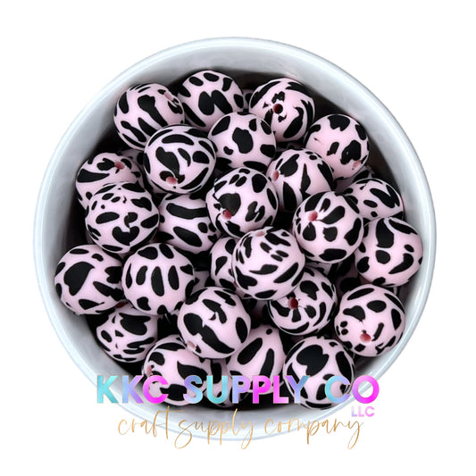 SP33-Light Pink and Black Cow Print 15mm Silicone Bead