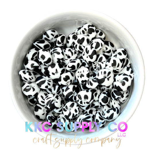 SP26-Cow Print Black and White 12mm Silicone Lentil Bead