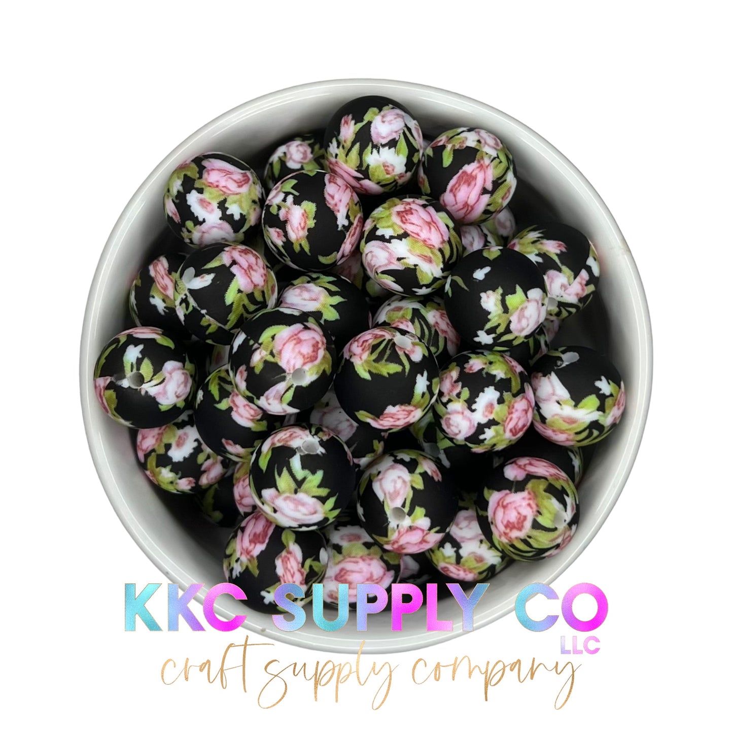 SP56-Black and Pink Floral 15mm Silicone Beads