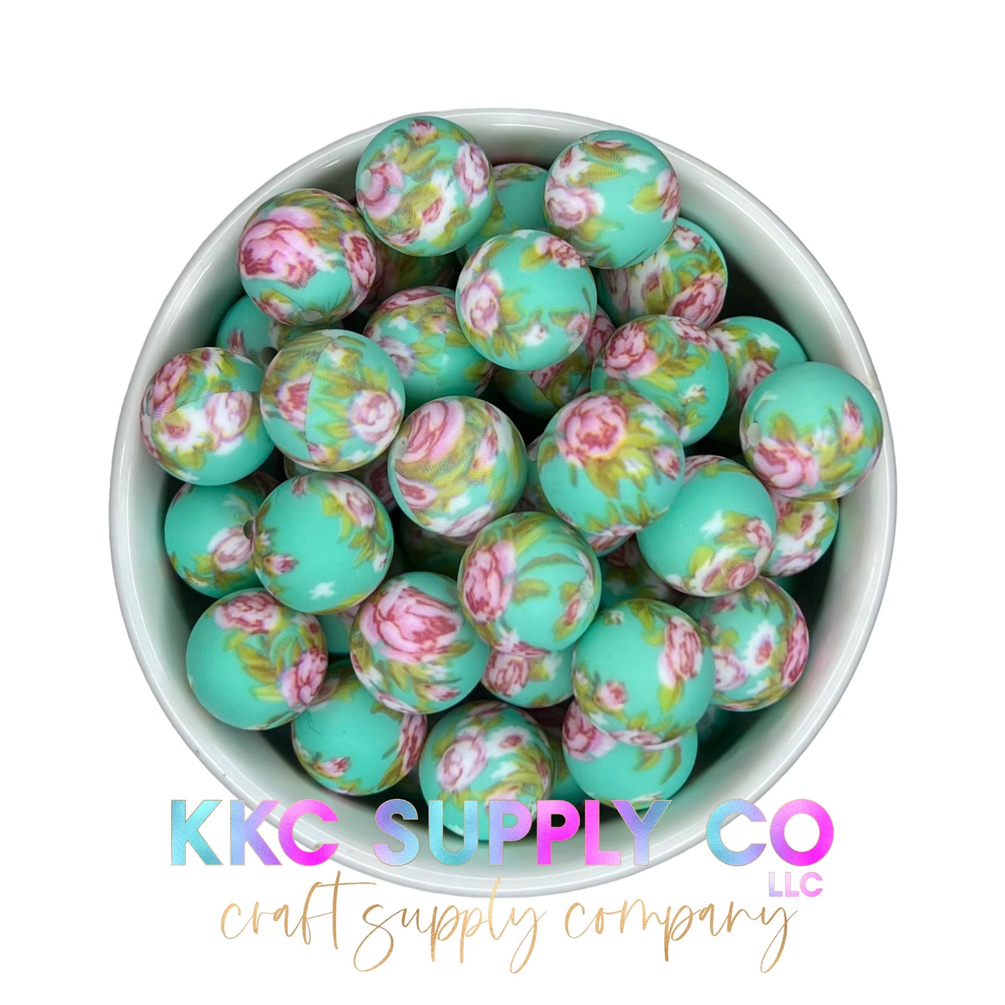 SP57-Teal and Pink Floral 15mm Silicone Beads