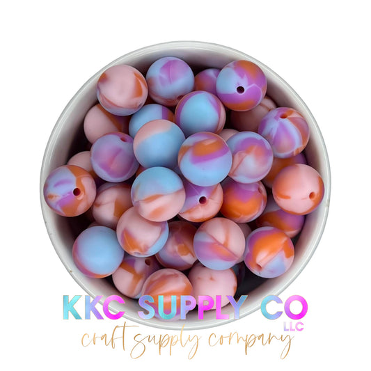 SP18-Coral, Blue, and Purple Marble 15mm Silicone Bead