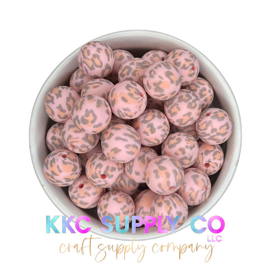 SP60-Pink, Grey and Coral Leopard Print 15mm Silicone Bead