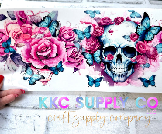 UV4007-Pink Flower and Butterflies Skull 40oz UV DTF Wrap