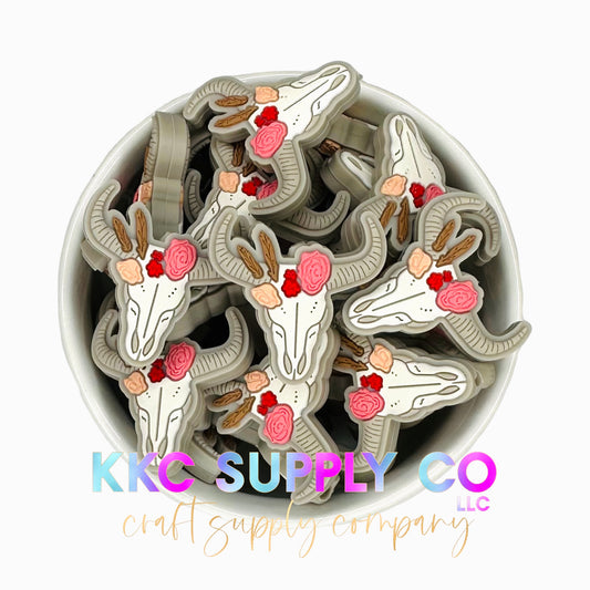 SF219-Floral Bull Skull Silicone Focal Bead