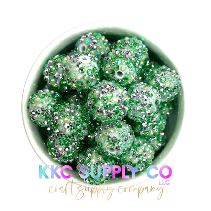 Green, Silver & White Confetti Rhinestone Bubblegum Bead 20mm