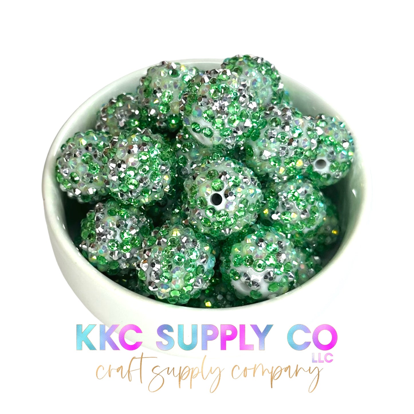 Green, Silver & White Confetti Rhinestone Bubblegum Bead 20mm