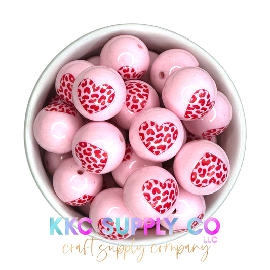 Red Leopard Heart Pink Solid Bubblegum Beads 20mm