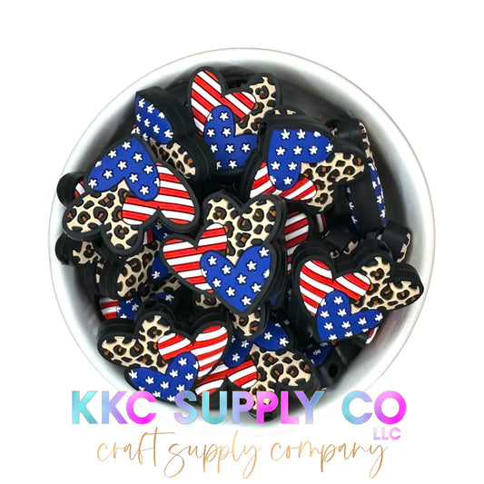 Leopard and American Flag Hearts Silicone Focal Bead