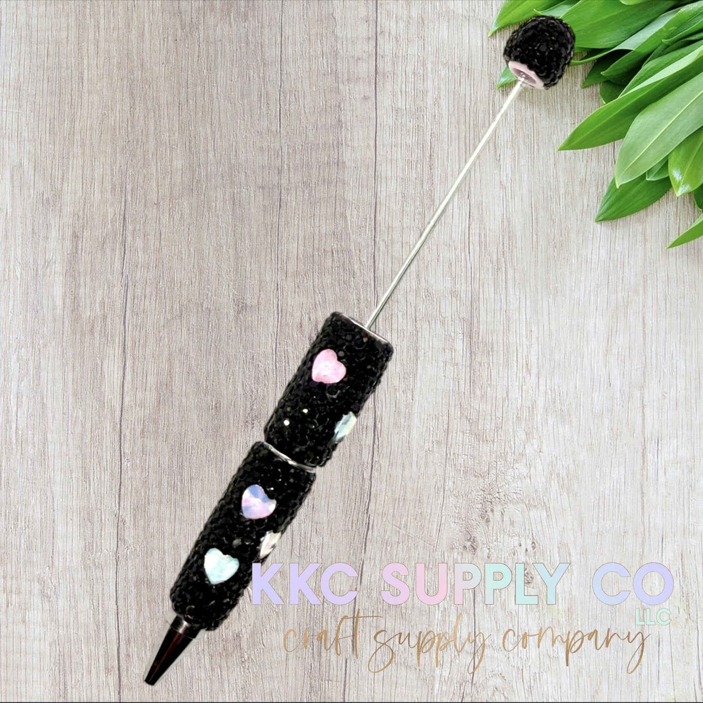 Rhinestone Beadable Pen With Heart Charms-Black