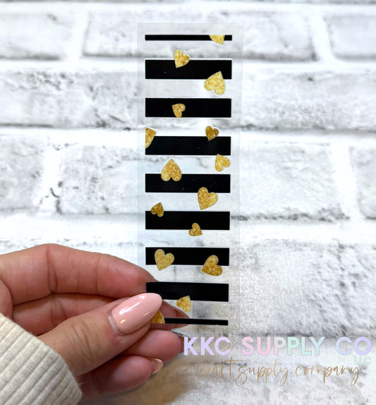 PW97-Black Stripes and Gold Hearts UV DTF Pen Wrap