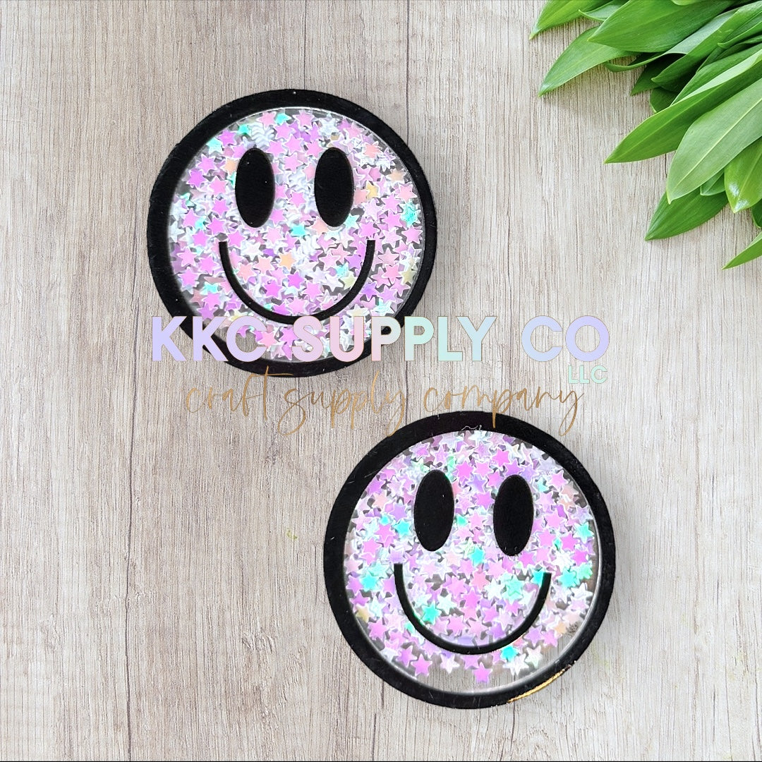AT208-Happy Face Glitter Shaker-Acrylic Flatback - Iridescent White