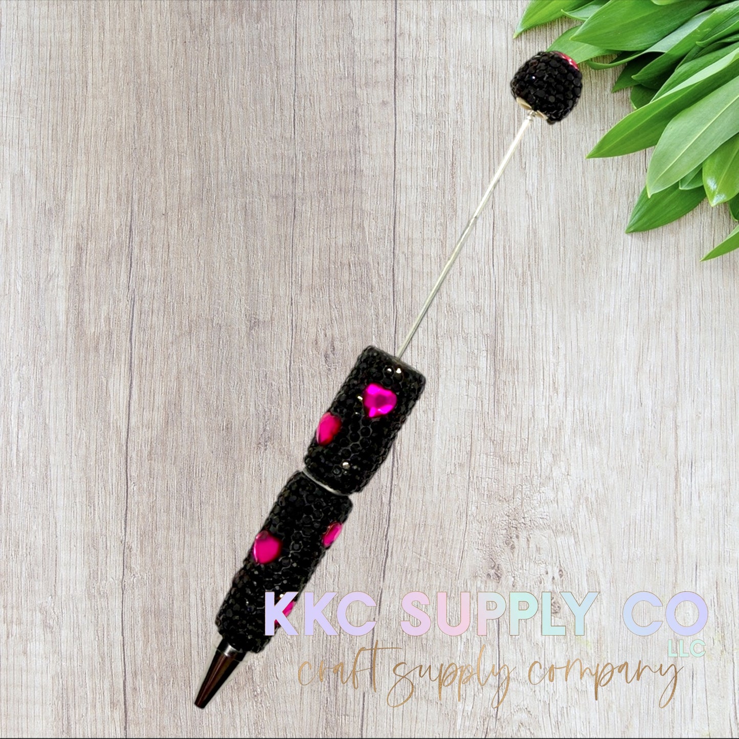 Rhinestone Beadable Pen With Heart Charms-Black