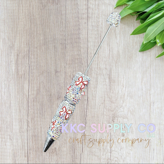 Red and White Bow Rhinestone Beadable Pen