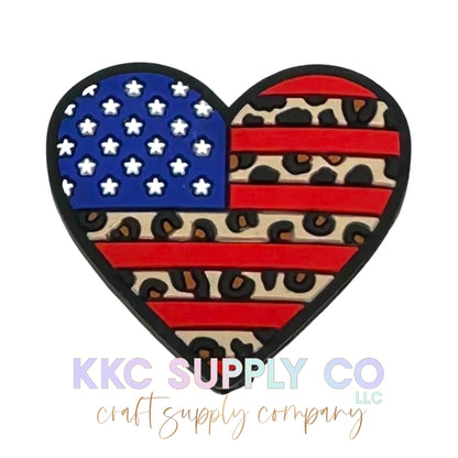 American Flag Leopard Heart Silicone Focal Bead