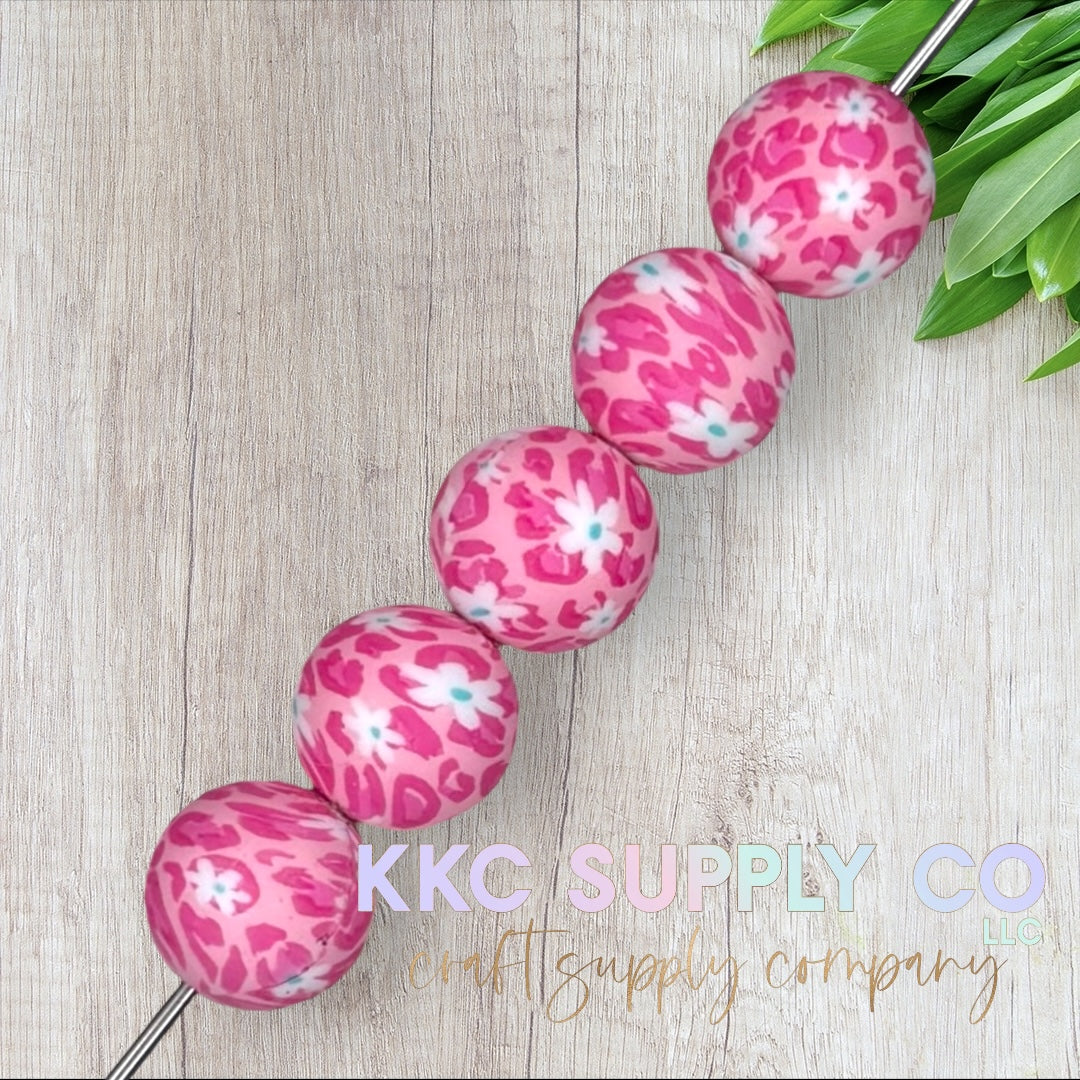 SP214-Pink Daisy Printed Silicone Bead 15mm