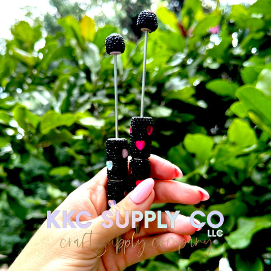 Rhinestone Beadable Pen With Heart Charms-Black