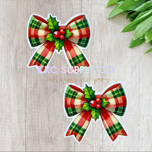 AT472-3D Plaid Christmas Holly Bow-Acrylic Flatback