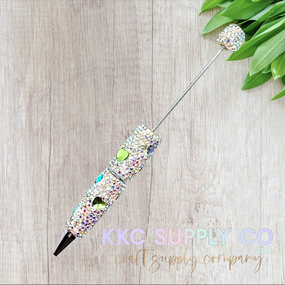 Rhinestone Beadable Pen With Heart Charms-Silver AB