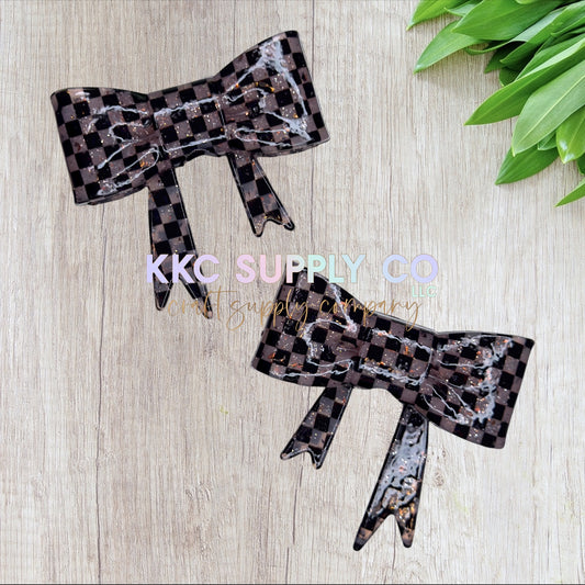SGL65-Light Brown Checker Liquid Glitter Large Bow Silicone Focal Bead