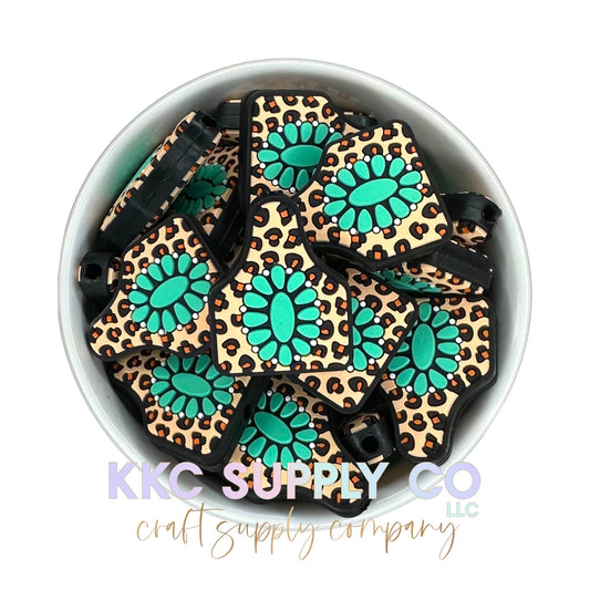 Leopard and Turquoise Cow Tag Silicone Focal Bead