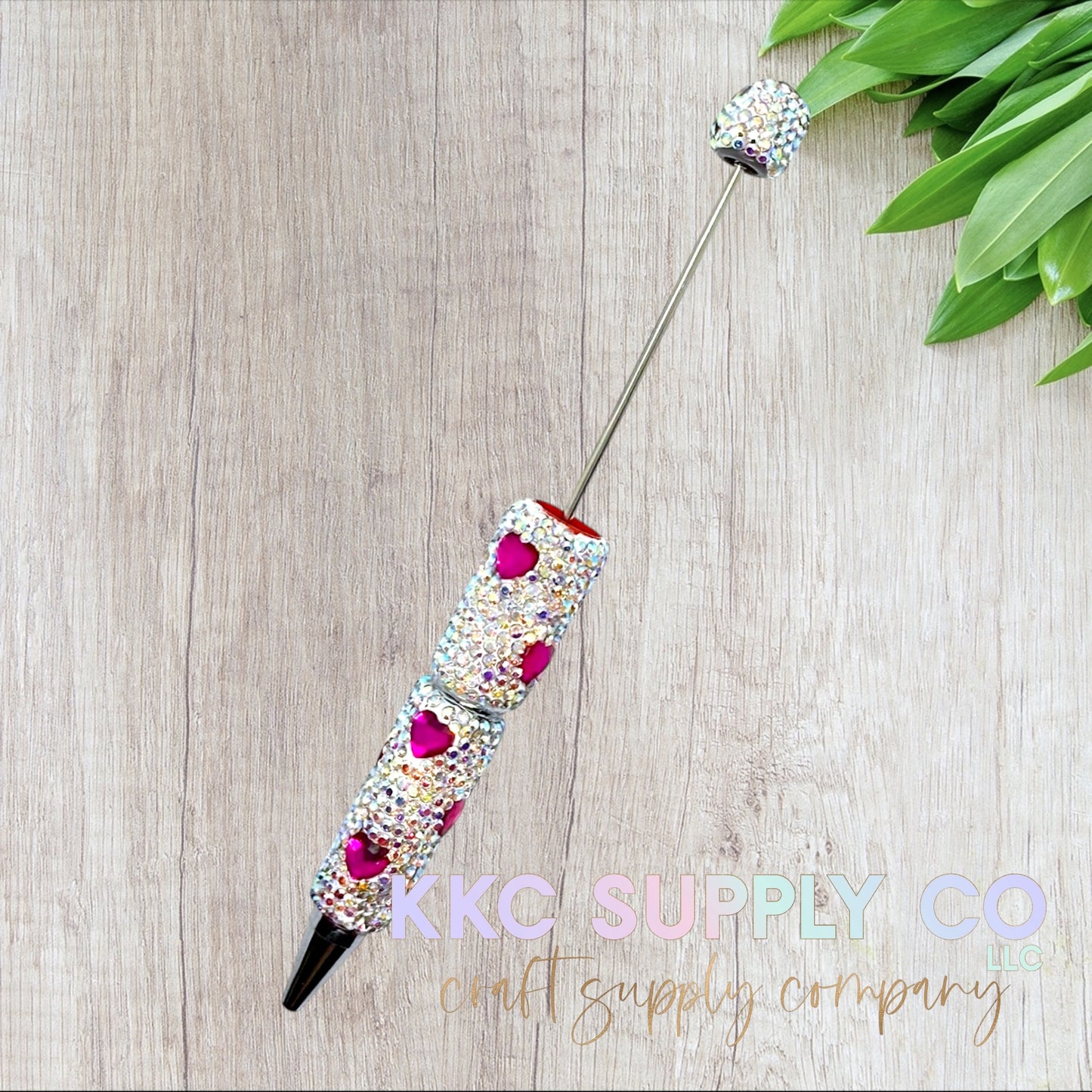 Rhinestone Beadable Pen With Heart Charms-Silver AB