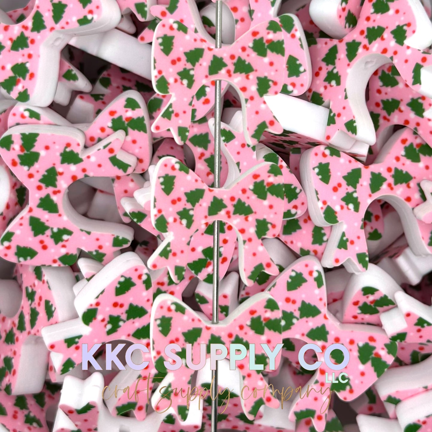 Pink Holly Jolly Buddy Bow Silicone Focal Bead