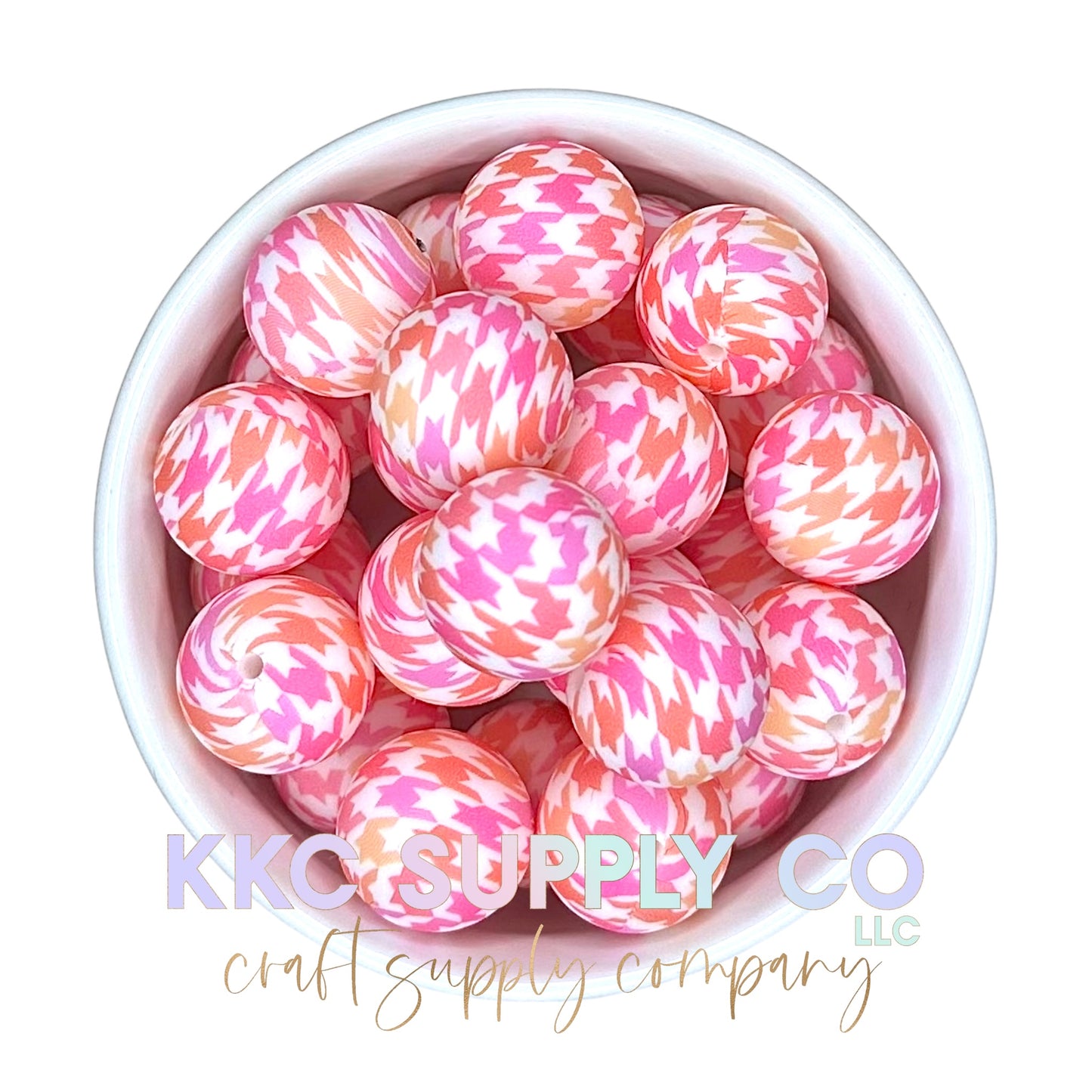 SP97-Pink & Coral Houndstooth Silicone Bead 19mm