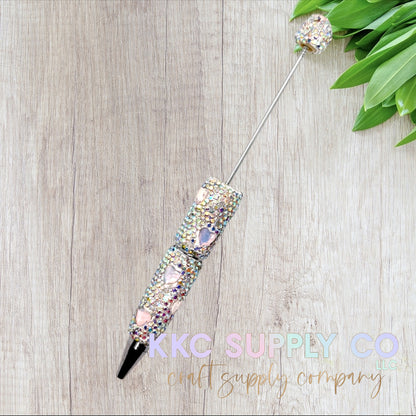 Rhinestone Beadable Pen With Heart Charms-Silver AB