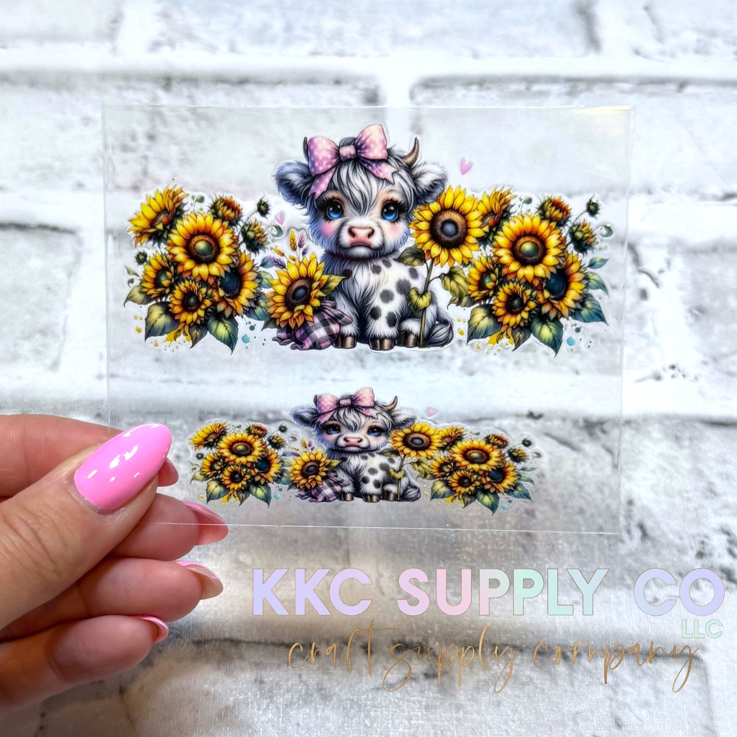 TKUV53-Cute Heifer in Sunflowers Mini Tumbler Keychain UV DTF Decal