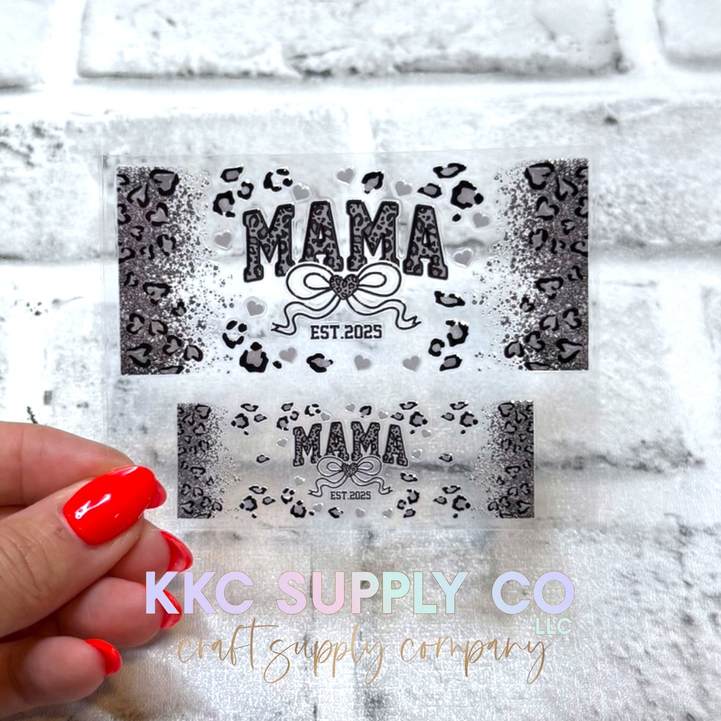 TKUV78-Black and Silver Leopard Mama Mini Tumbler Keychain UV DTF Decal