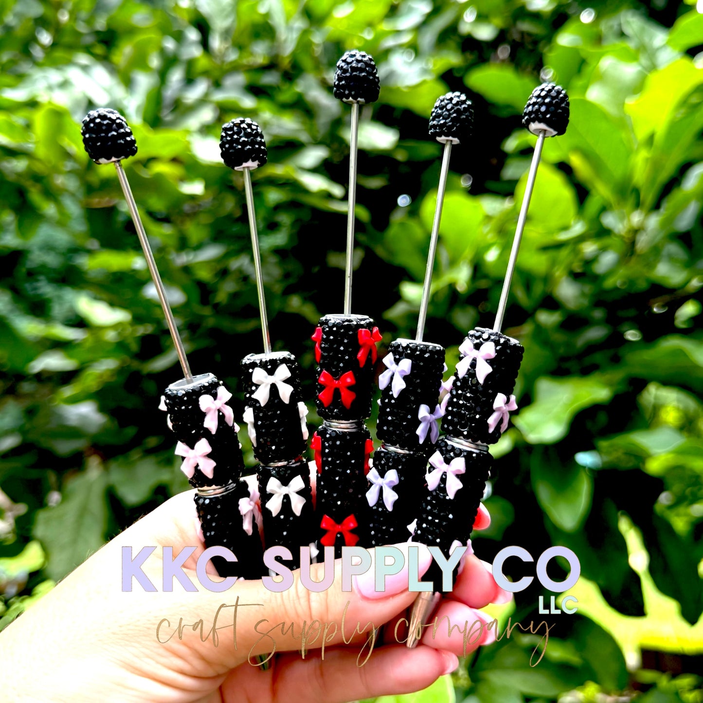 Rhinestone Beadable Pen With Bow Charms-Black