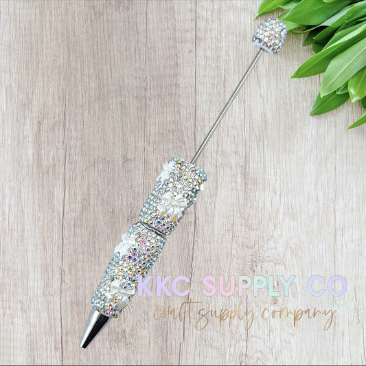 Opal White Bow Rhinestone Beadable Pen
