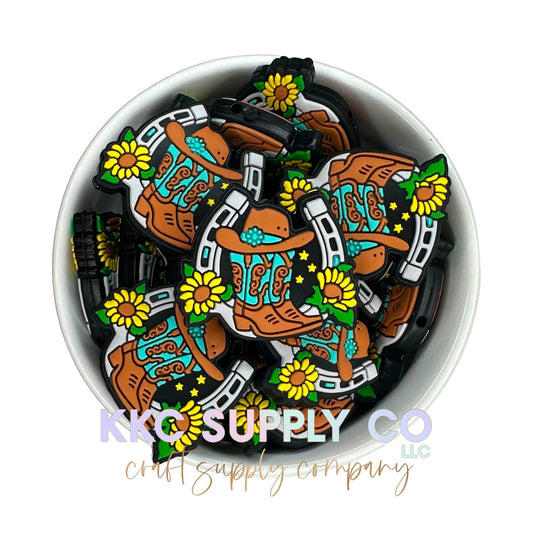 Cowboy Boots, Horseshoes and Sunflowers Silicone Focal Bead