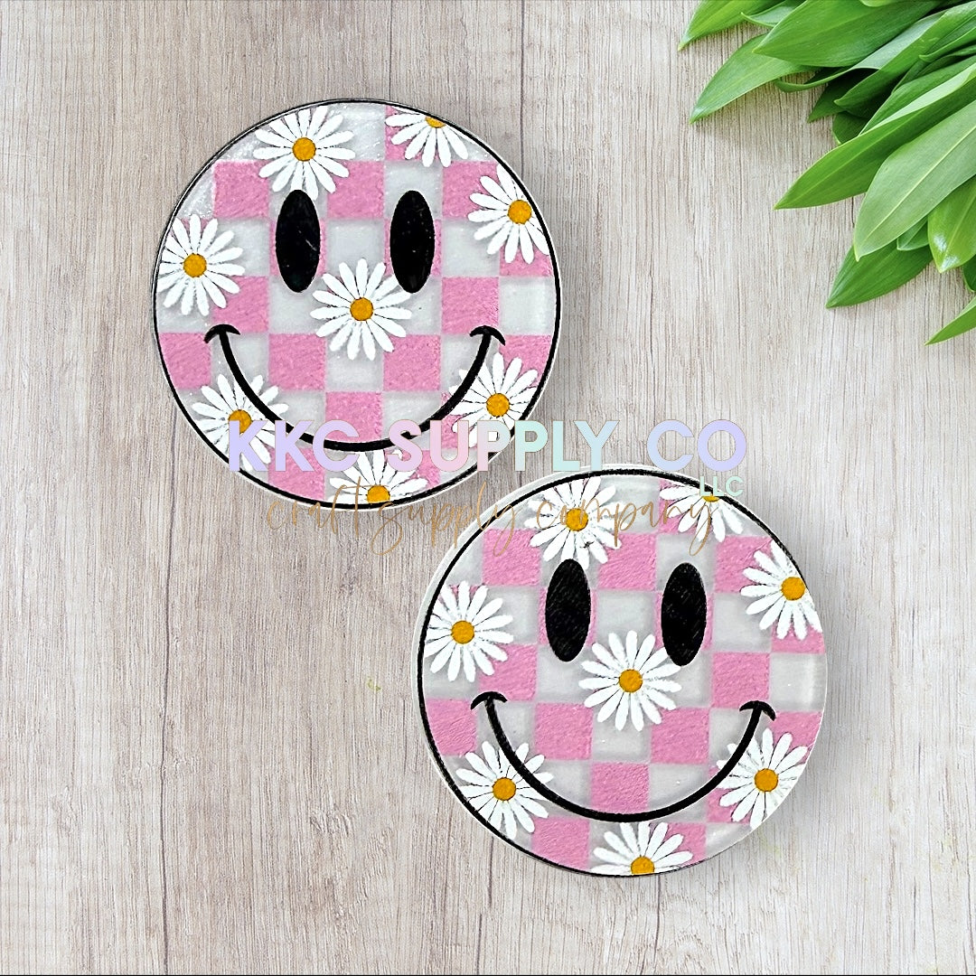 AT147-Checkered Daisy Face-Acrylic Badge Reel Topper