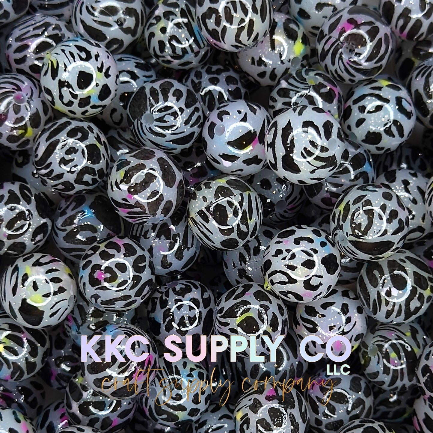 SGL60-White with Neon Confetti Leopard Liquid Glitter Silicone Beads